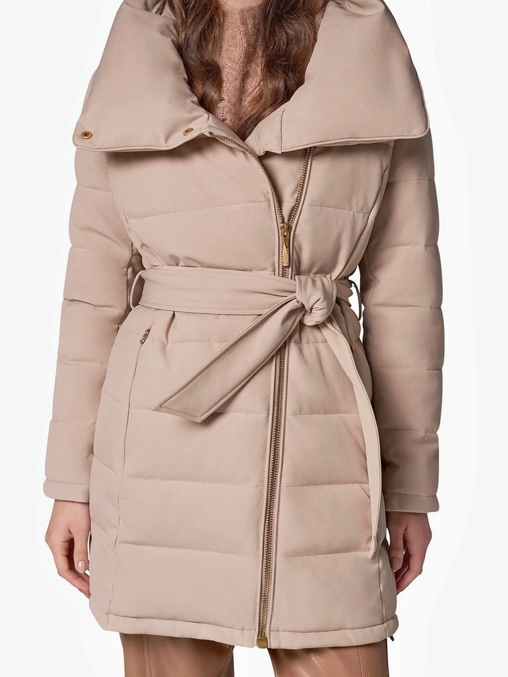 Donna Karan Long Sleeve Funnel Neck Belted Puffer Coat Pink